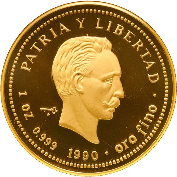 CUBA, Havana mint, gold proof piefort 100 pesos, 1990, José Martí, NGC PF 68 Ultra Cameo (EMO Collec