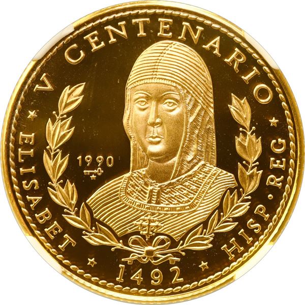 CUBA, Havana mint, gold proof 50 pesos, 1990, Queen Isabela New World 500th Anniversary, plain arms,