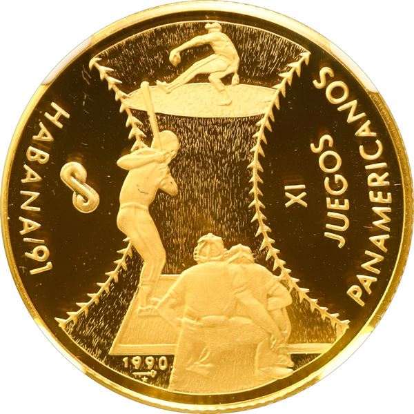 CUBA, Havana mint, gold proof 50 pesos, 1990, XI Panamerican Games Baseball, plain arms, NGC PF 69 U