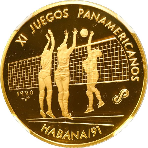 CUBA, Havana mint, gold proof 50 pesos, 1990, XI Panamerican Games Volleyball, plain arms, NGC PF 70