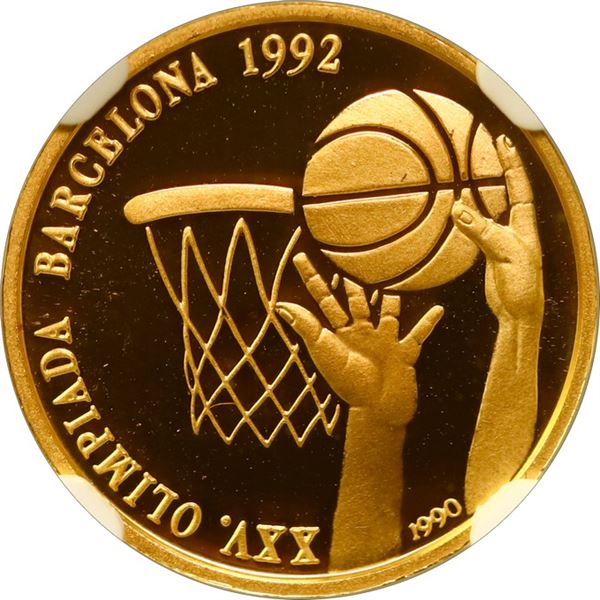 CUBA, Havana mint, gold proof 10 pesos, 1990, Barcelona Olympics Basketball, NGC PF 69 Ultra Cameo (