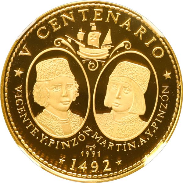 CUBA, Havana mint, gold proof 50 pesos, 1991, Pinzón Brothers New World 500th Anniversary, plain arm