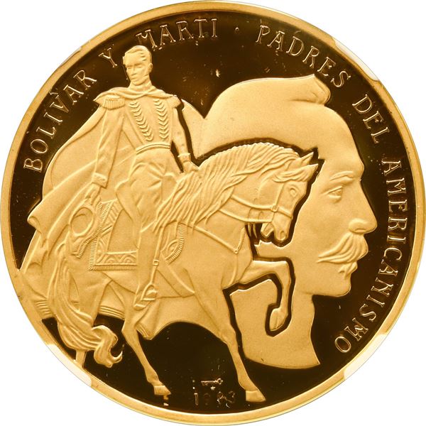 CUBA, Havana mint, gold proof plain-edge piefort 200 pesos, 1993, Bolívar & Martí, NGC PF 69 (EMO Co