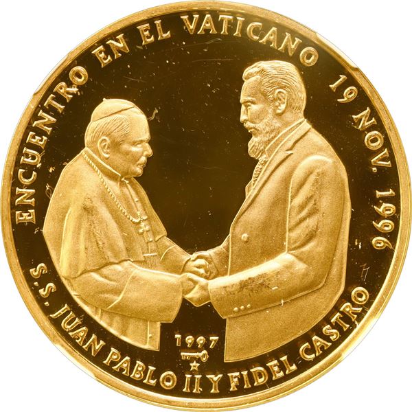 CUBA, Havana mint, gold proof 100 pesos, 1997, Castro and Pope John Paul II, striped arms, NGC PF 66