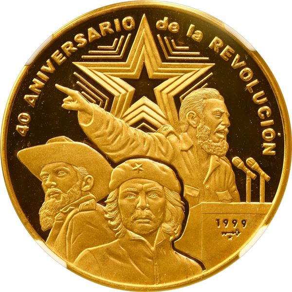 CUBA, Havana mint, gold proof 100 pesos, 1999, Revolution 40th Anniversary, striped arms, NGC PF 67 