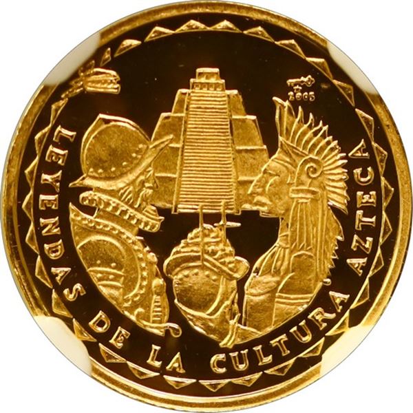 CUBA, Havana mint, gold proof 5 pesos, 2005, Cortés, Montezuma, and Aztec Pyramid, striped arms, NGC