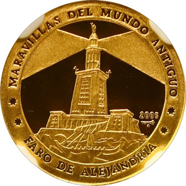 CUBA, Havana mint, gold proof 5 pesos, 2005, Alexandria Lighthouse, striped arms, NGC PF 69 Ultra Ca