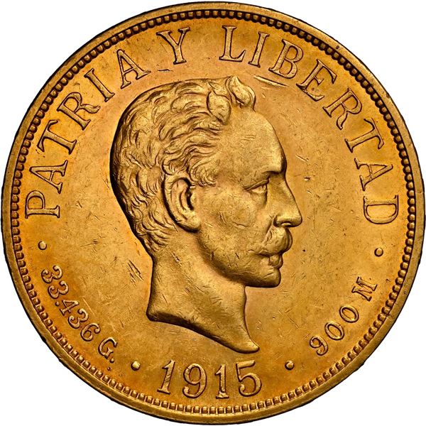 CUBA, struck at the Philadelphia mint, gold 20 pesos, 1915, NGC AU 58.
