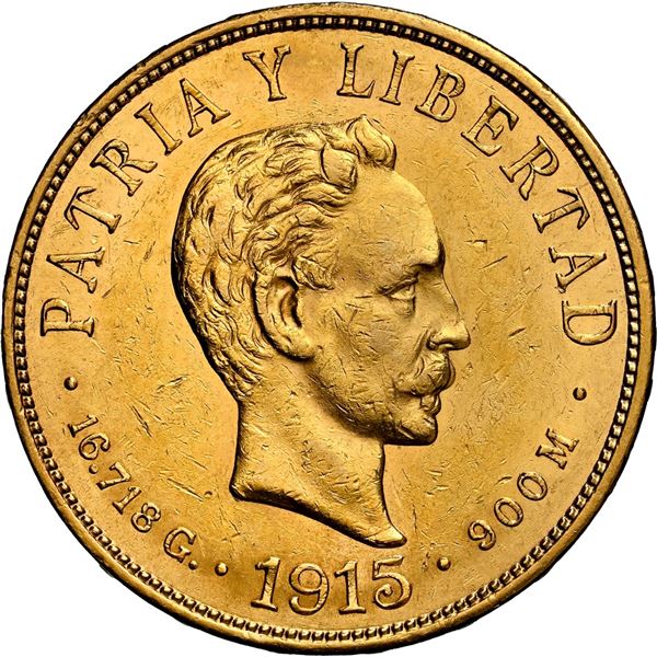 CUBA, struck at the Philadelphia mint, gold 10 pesos, 1915, NGC AU 58.