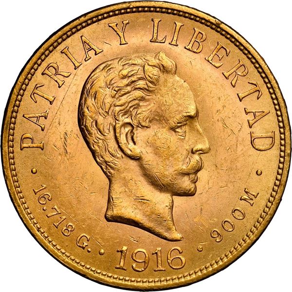 CUBA, struck at the Philadelphia mint, gold 10 pesos, 1916, NGC MS 61.