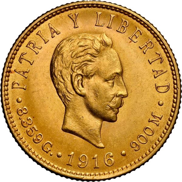 CUBA, struck at the Philadelphia mint, gold 5 pesos, 1916, NGC MS 63.