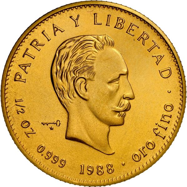 CUBA, gold 50 pesos, 1988, José Martí, NGC MS 68.