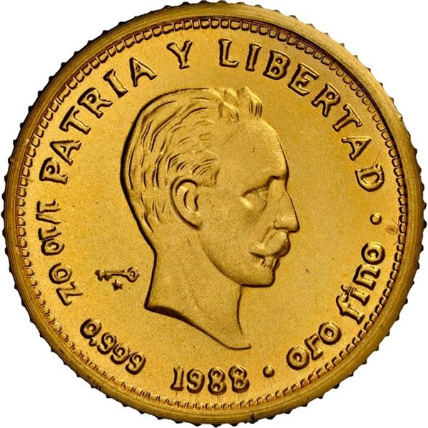 CUBA, gold 10 pesos, 1988, José Martí, NGC MS 69.