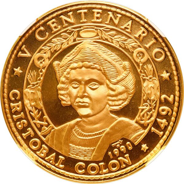 CUBA, Havana mint, gold proof 100 pesos, 1990, Christopher Columbus New World 500th Anniversary, NGC