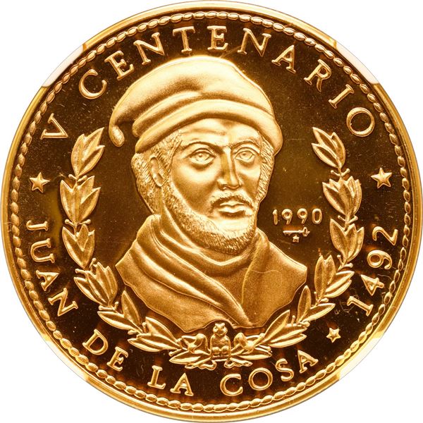 CUBA, Havana mint, gold proof 100 pesos, 1990, Juan de la Cosa New World 500th Anniversary, NGC PF 6