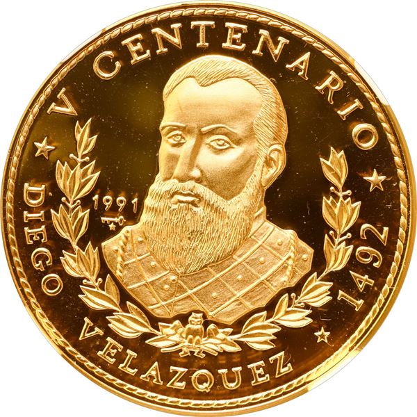 CUBA, Havana mint, gold proof 100 pesos, 1991, Diego Velazquez New World 500th Anniversary, NGC PF 6