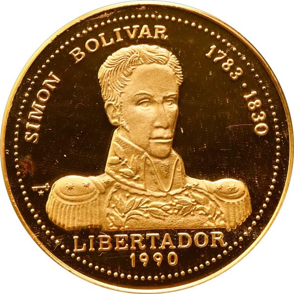 CUBA, Havana mint, gold proof piefort 50 pesos, 1990, Simón Bolívar, NGC PF 68 Ultra Cameo.