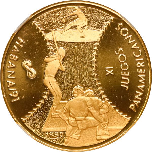 CUBA, Havana mint, gold proof piefort 50 pesos, 1990, XI Panamerican Games Baseball, plain arms, NGC