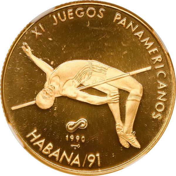 CUBA, Havana mint, gold proof piefort 50 pesos 1990, XI Panamerican Games High Jump, plain arms  PF