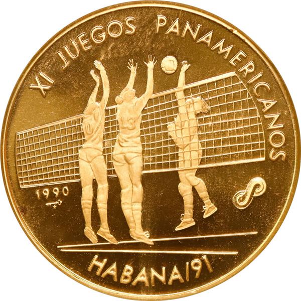 CUBA, Havana mint, gold proof piefort 50 pesos, 1990, XI Panamerican Games Volleyball, plain arms, N