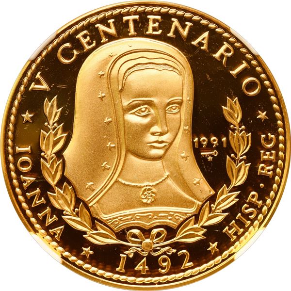 CUBA, Havana mint, gold proof 100 pesos, 1991, Queen Joanna, NGC PF 69 Ultra Cameo.