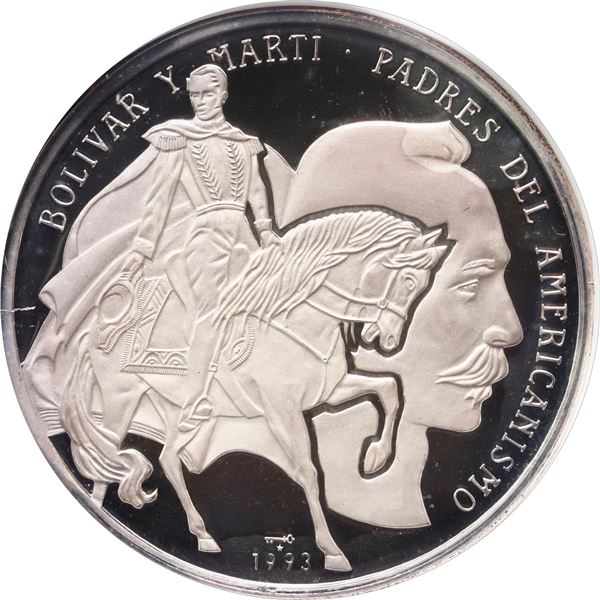 CUBA, Havana mint, proof piefort 10 pesos, 1993, Bolívar & Martí, plain arms, NGC PF 68 Ultra Cameo,
