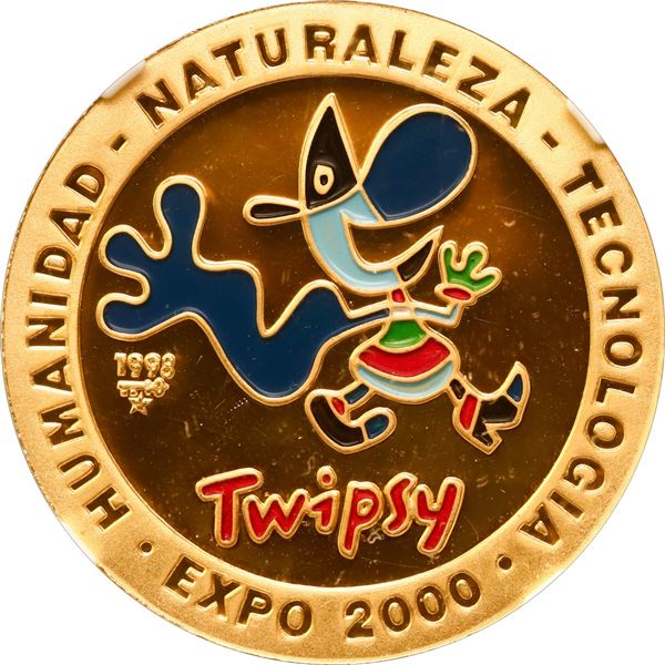CUBA, Havana mint, gold colorized proof 50 pesos, 1998, Expo 2000 - Twipsy Cartoon Logo, NGC PF 66 U