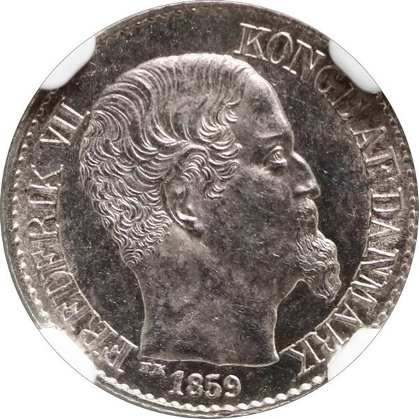 DANISH WEST INDIES, struck in Copenhagen, 5 cents, Frederik VII, 1859, NGC MS 63.