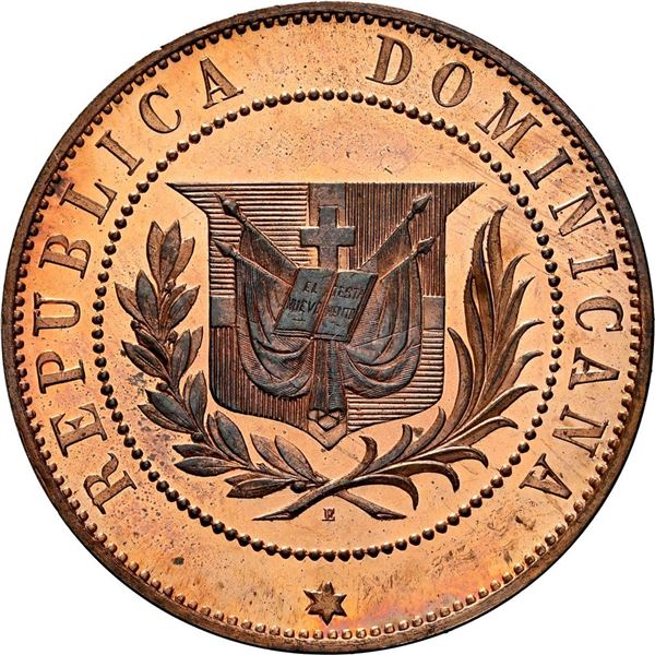 DOMINICAN REPUBLIC, copper proof essai 2 centavos, 1878, wreath type, small letters, NGC PF 66 RB, f