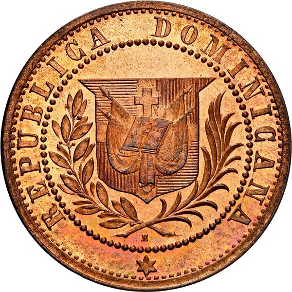 DOMINICAN REPUBLIC, copper proof essai 1 centavo, 1878, wreath type, small letters, NGC PF 65 RB, ex