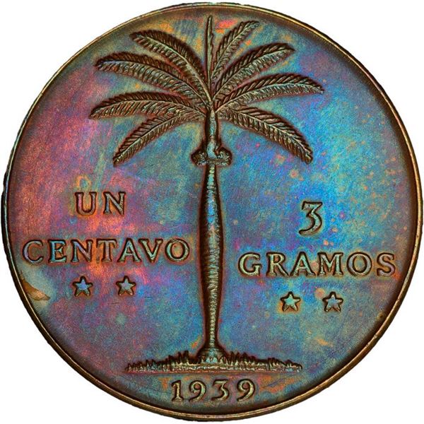 DOMINICAN REPUBLIC, struck at the Philadelphia Mint, copper 1 centavo, 1939, PCGS MS63 Brown.