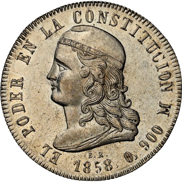 ECUADOR, Quito, 5 francs, 1858 GJ, rare, NGC MS 61.
