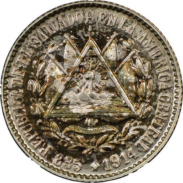 EL SALVADOR, struck at the Philadelphia Mint, proof 5 centavos, 1914, very rare, NGC PF 65 (Richard 