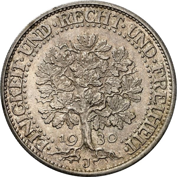 GERMANY, Weimar Republic, Hamburg mint, "oak tree" 5 mark, 1930-J, NGC MS 62.