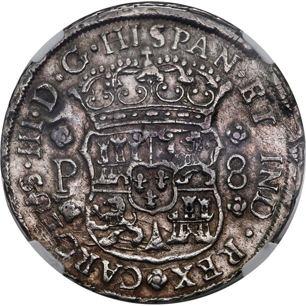 GUATEMALA, Guatemala City, pillar 8 reales, Charles III, 1768 P, NGC AU 50.