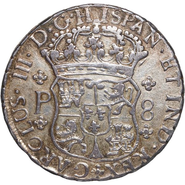 GUATEMALA, Guatemala City, pillar 8 reales, Charles III, 1771 P, cross between H and I, inverted N i
