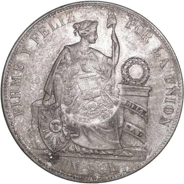GUATEMALA, Guatemala City, 1 peso, "½ real" counterstamp of 1894 on a Lima, Peru, 1 sol, 1885 TD, NG