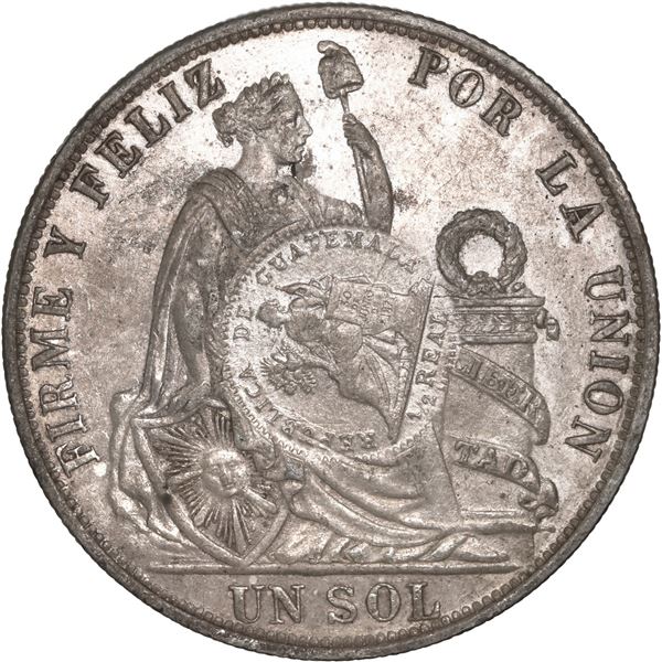 GUATEMALA, Guatemala City, 1 peso, "½ real" counterstamp of 1894 on a Lima, Peru, 1 sol, 1891 TF/BF,