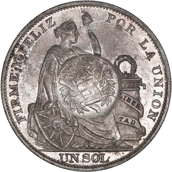 GUATEMALA, Guatemala City, 1 peso, "½ real" counterstamp of 1894 on a Lima, Peru, 1 sol, 1894 TF, NG