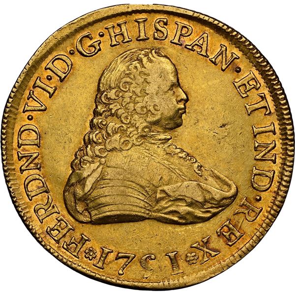 MEXICO, Mexico City, gold bust 8 escudos, Ferdinand VI, 1751/0 MF, NGC AU 53.