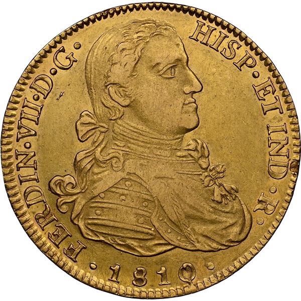 MEXICO, Mexico City, gold bust 8 escudos, Ferdinand VII transitional (armored bust), 1810 HJ, NGC AU
