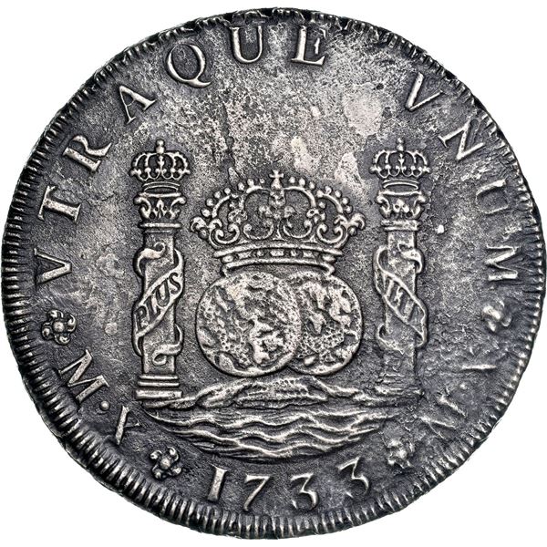 MEXICO, Mexico City, pillar 8 reales, Philip V, 1733 F, mintmark M•X, very rare, NGC XF det