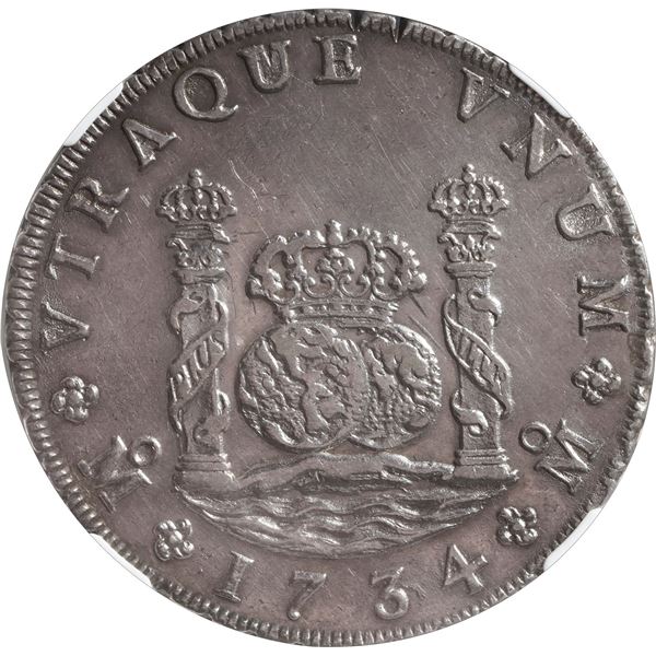 MEXICO, Mexico City, pillar 8 reales, Philip V, 1734 MF, inverted V for A in VTRAQUE, extremely rare