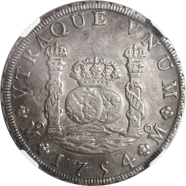 MEXICO, Mexico City, pillar 8 reales, Ferdinand VI, 1754 MF, crowns alike, NGC AU 55.