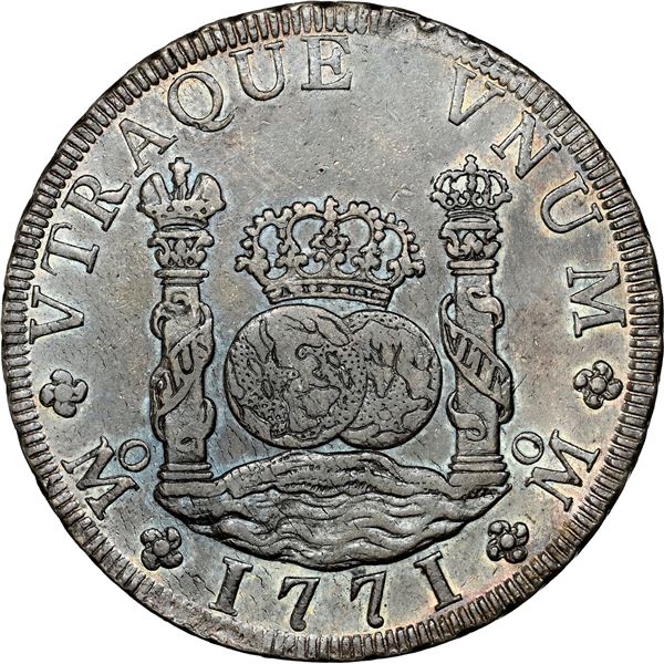 MEXICO, Mexico City, pillar 8 reales, Charles III, 1771 FM, NGC MS 61.
