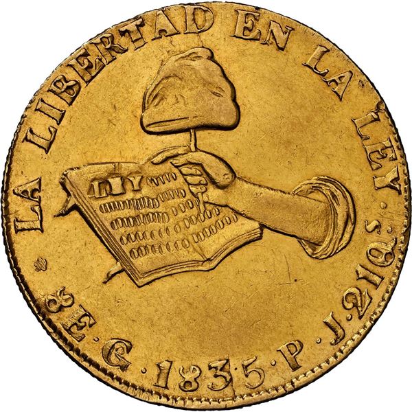 MEXICO, Guanajuato, gold 8 escudos, 1835 PJ, NGC AU 58.