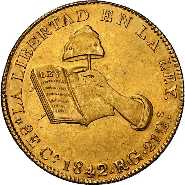 MEXICO, Chihuahua, gold 8 escudos, 1842 RG, NGC MS 61, finest known in NGC census.