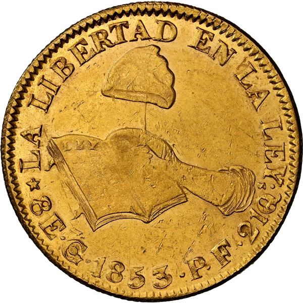 MEXICO, Guanajuato, gold 8 escudos, 1853 PF, NGC MS 62, finest known in NGC census.