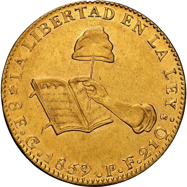 MEXICO, Guanajuato, gold 8 escudos, 1859/8 PF, NGC AU 58.