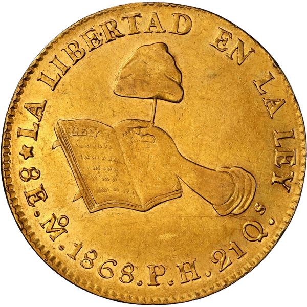 MEXICO, Mexico City, gold 8 escudos, 1868 PH, NGC AU 58.